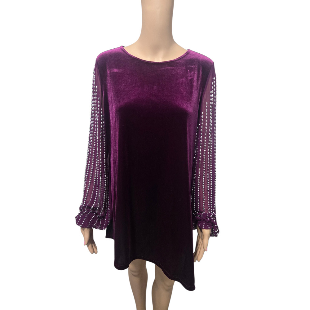 Marina Large women's purple velvet jeweled long sleeve fancy soft